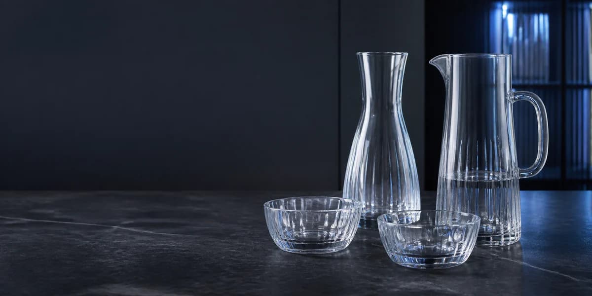 Clear glass pitcher, carafe, and serving bowls on a dark surface