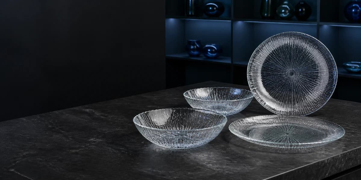Clear pressed-glass bowls and plates arranged in a showroom